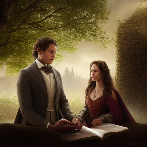 Lancelot and Guinevere, sitting close together, engrossed in the diary’s pages, their faces filled with wonder and determination, as they uncover the tales of a love that defied the odds, igniting a newfound hope within their hearts.